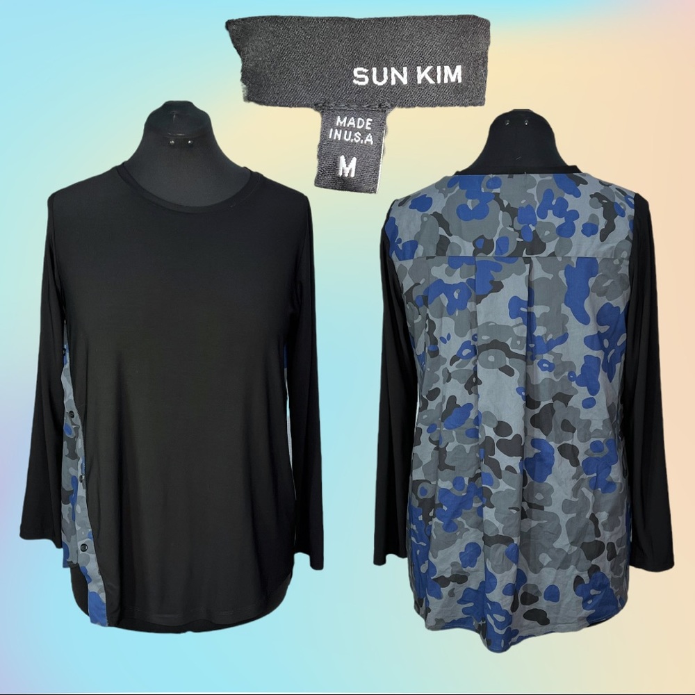 SUN KIM/Comfy USA Side Snap Asymmetrical L/S Black Blue & Gray Camo Tunic Sz Md